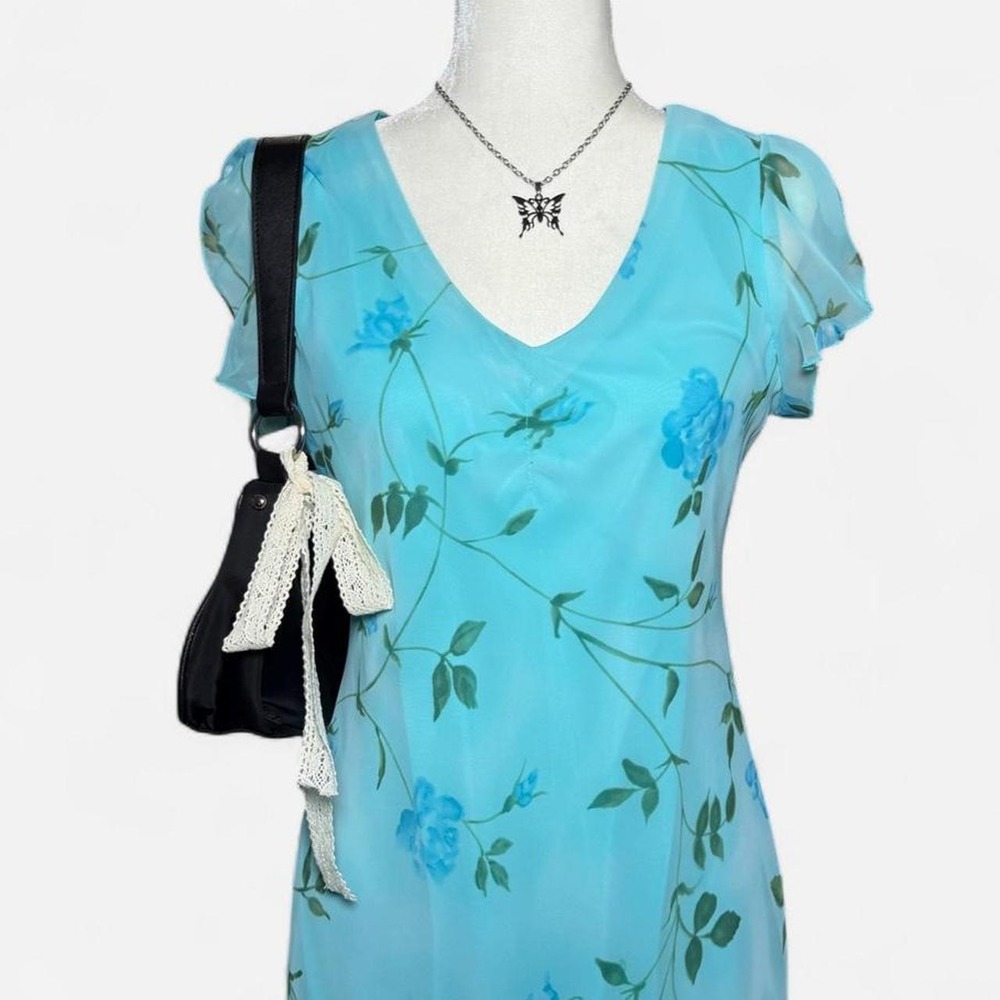 Vintage DBY Blue Floral Chiffon Midi Dress Fairy Y2K Coquette Flutter Sleeve M